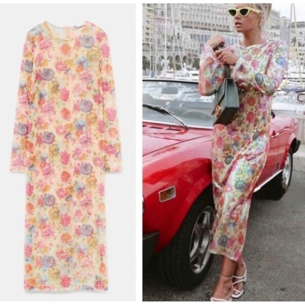 Zara S Sequin Mesh Floral Midi Maxi Dress Long Sleeve Sheer Festival